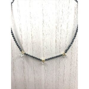 LAMENO 18kt Plated Necklace 15" Natural Quartz Gunmetal Crystal Stars choker NWT